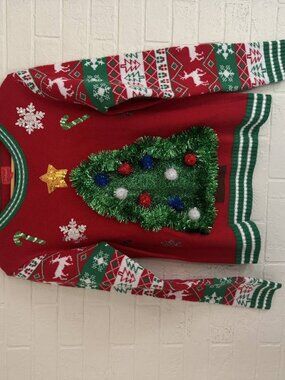 Joyland Ugly Christmas Sweater Red 3D Tinsel Tree Pom Pom Holiday Party (8DH5E)